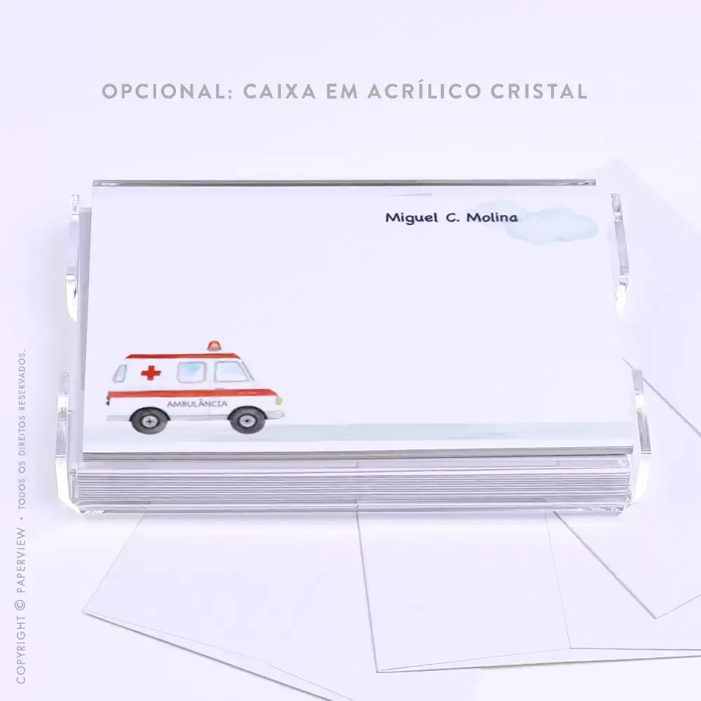 Cartão de Mensagem Carrinhos Ambulância - caixa em acrílico 