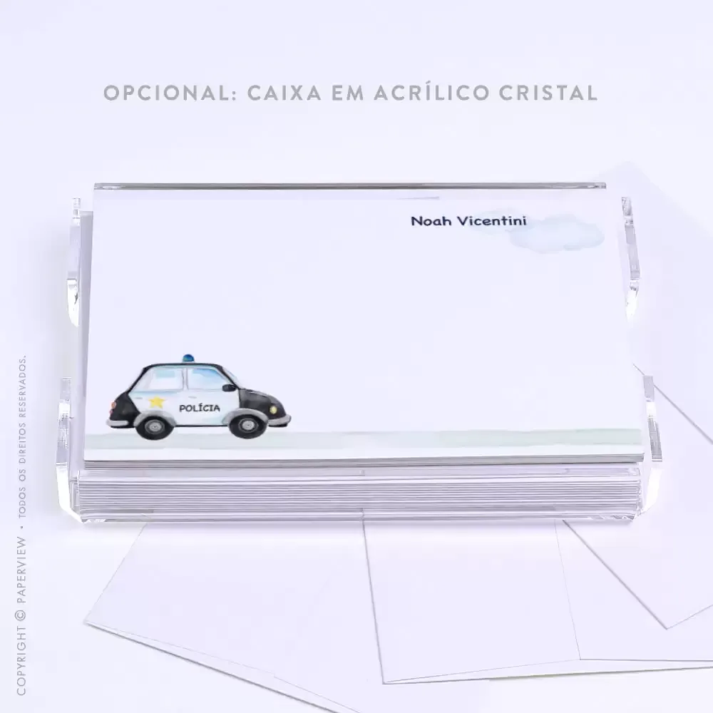 Cartão de Mensagem Carrinhos Viatura - caixa em acrílico 